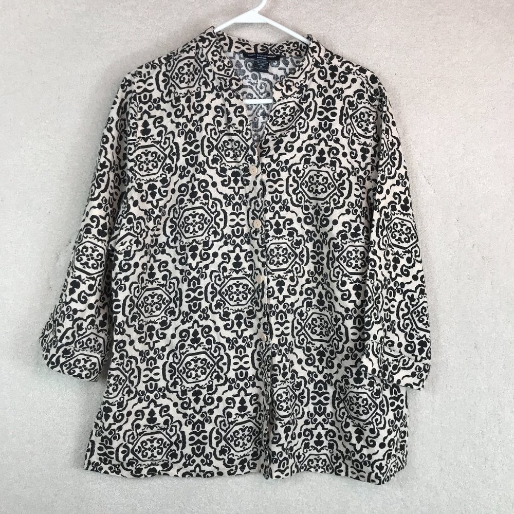 Saint Tropez West Woman Linen Top Plus Size 1X Beige Black Button Up Relaxed
